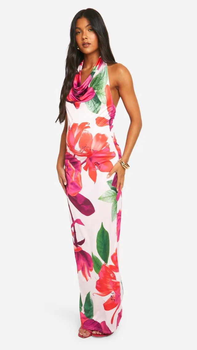 Pink Maternity Floral Print Slinky Halter Cowl Maxi Dress