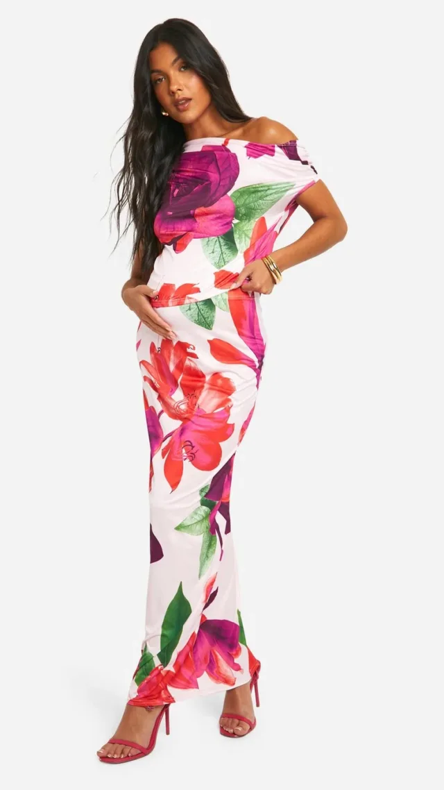 Pink Maternity Floral Print Slinky Maxi Skirt