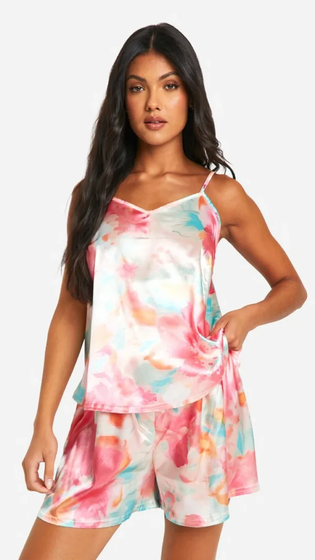 Pink Maternity Floral Satin Tank Top And Short Pajama Set