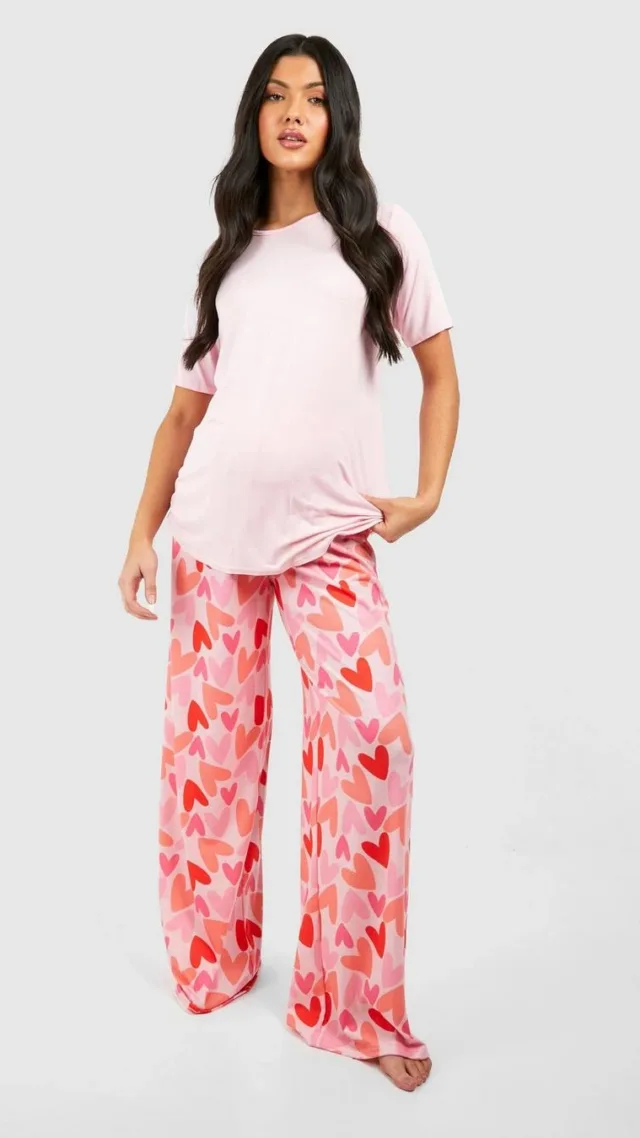 Pink Maternity Heart Print Pants Pajama Set