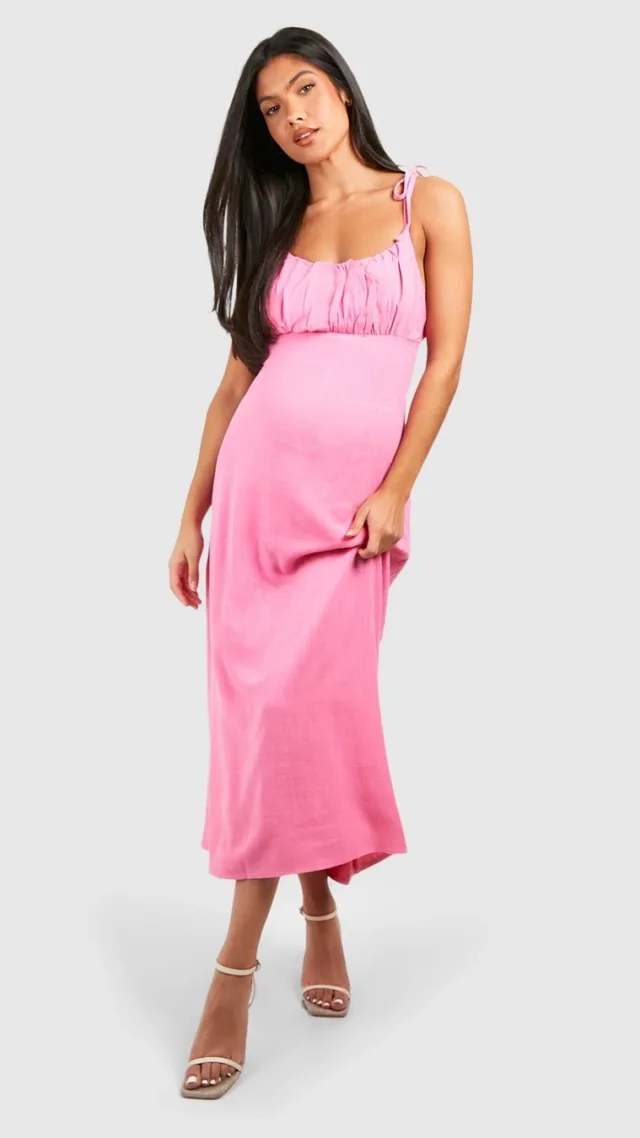 Pink Maternity Linen Look Tie Strap Midi Dress