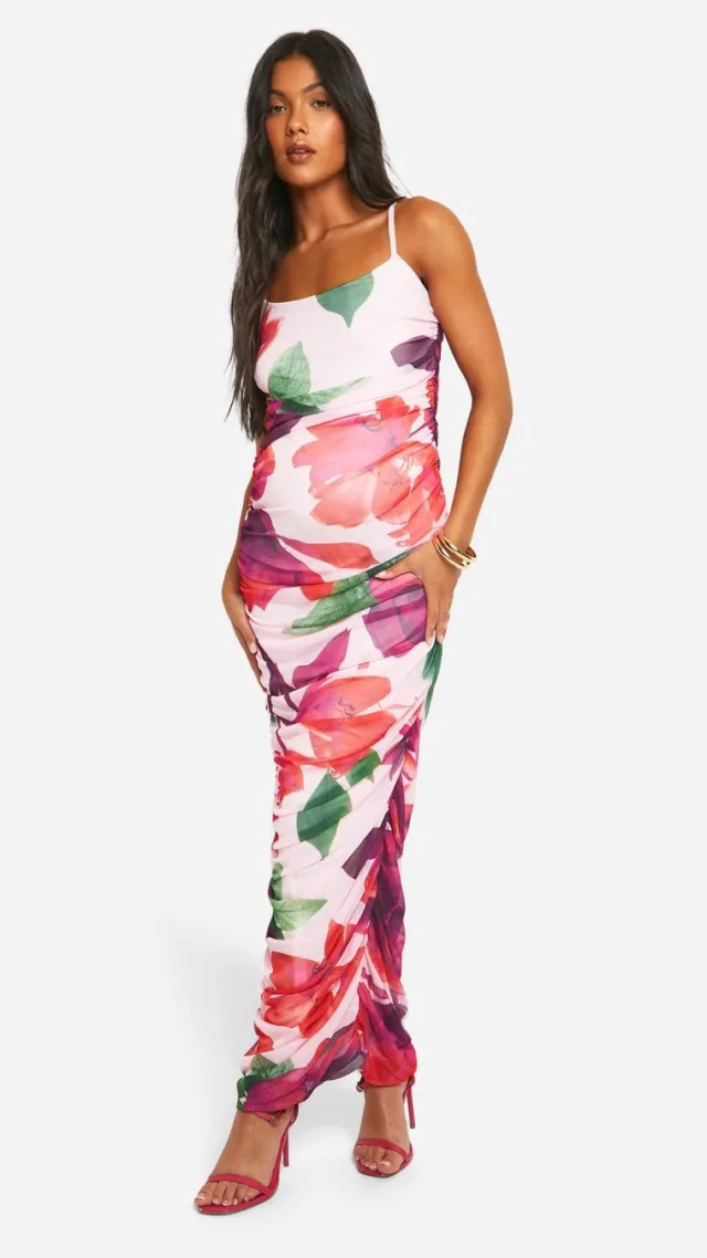 Pink Maternity Mesh Floral Print Strappy Maxi Dress