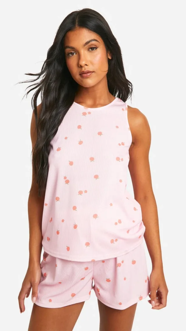 Pink Maternity Peach Print Ribbed Tank Top And Short Pajama Set