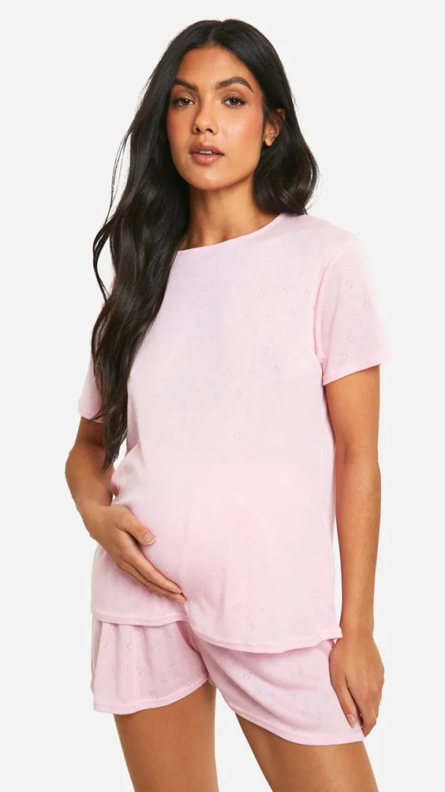 Pink Maternity Pointelle Heart Stitch Short Sleeve Pj Set