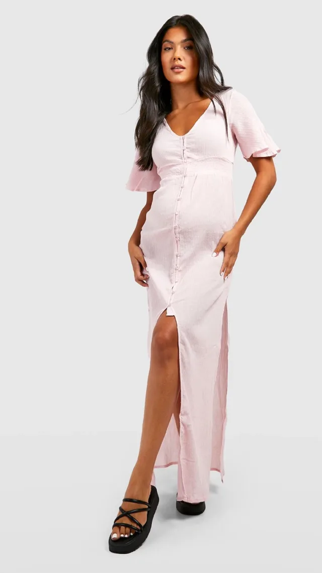 Pink Maternity Shirred Waist Beach Maxi Dress