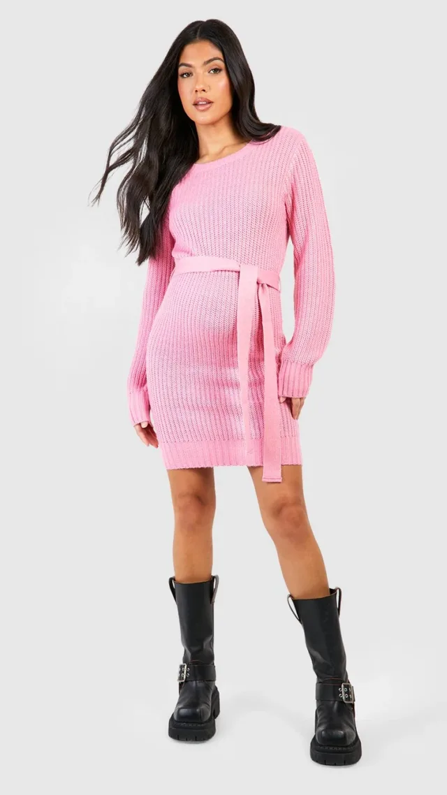 Pink Maternity Soft Knit Tie Waist Sweater Dress