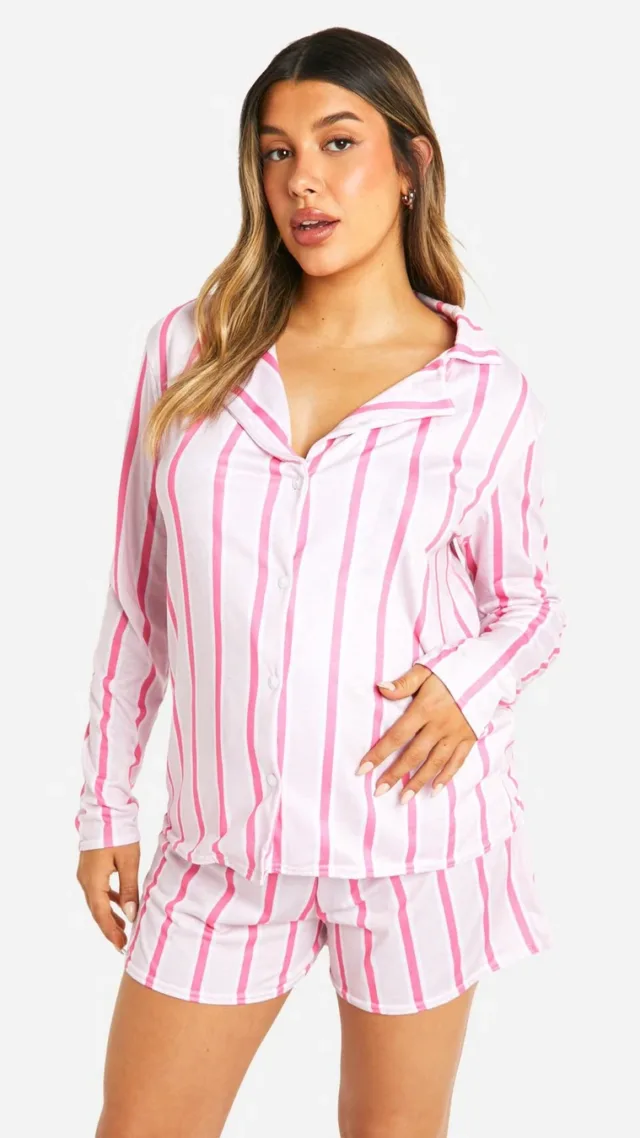 Pink Maternity Stripe Long Sleeve Shirt & Short Pj Set