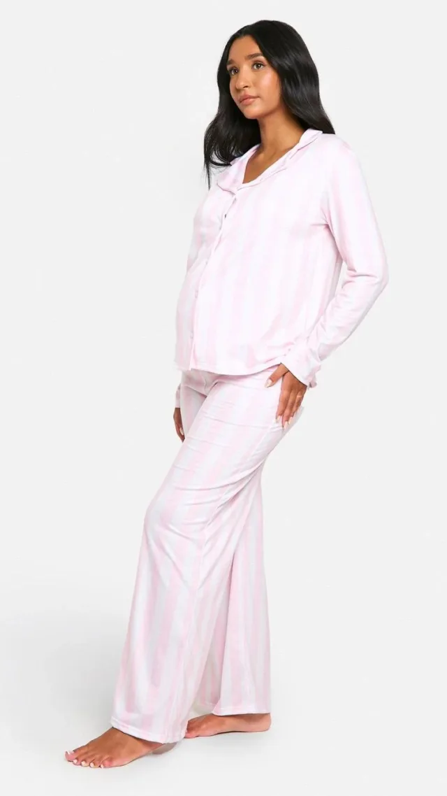 Pink Maternity Stripe Shirt And Pants Pajama Set