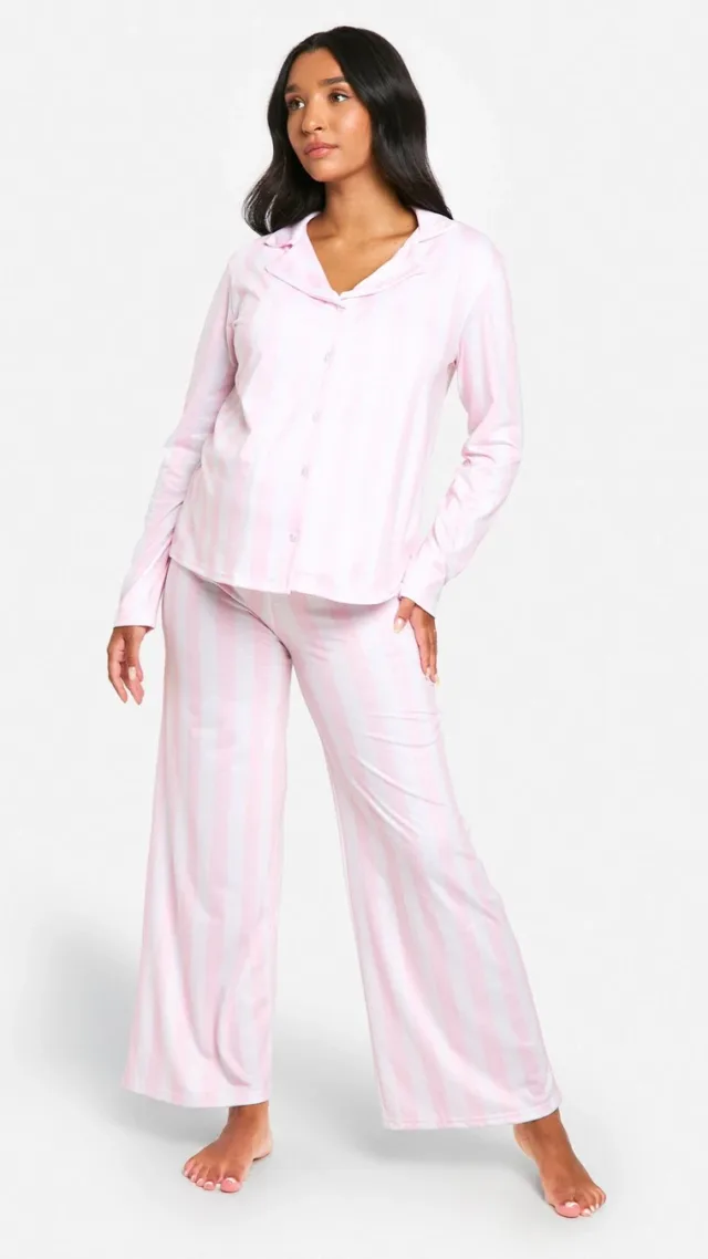 Pink Maternity Stripe Shirt And Pants Pajama Set