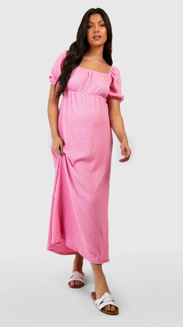 Pink Maternity Textured Puff Sleeve Midi Dress