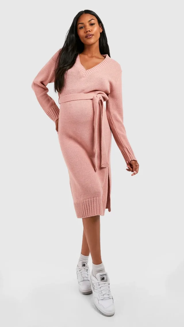 Pink Maternity V Neck Sweater Midi Dress