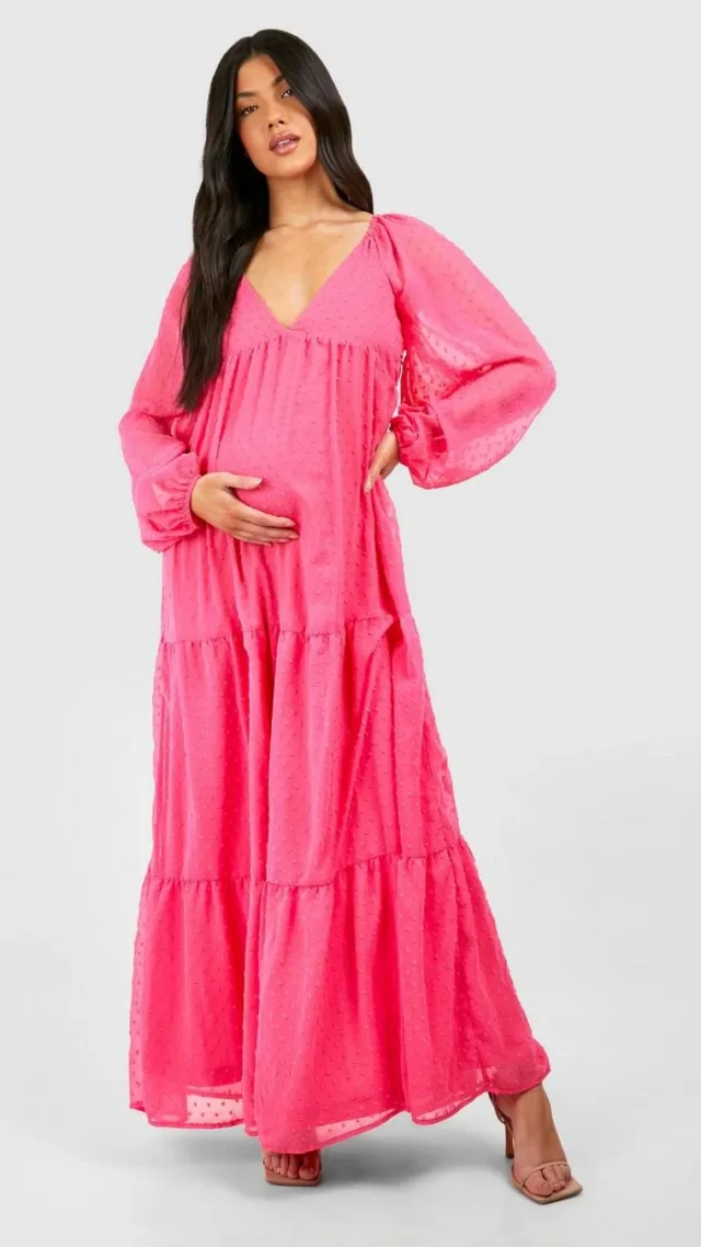 Pink Maternity V Neck Tiered Dobby Maxi Dress