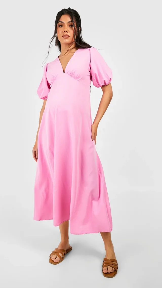 Pink Maternity Woven Puff Sleeve Midi Dress