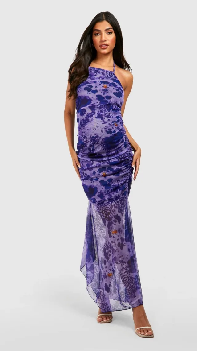 Purple Maternity Bold Abstract Mesh Flare Hem Halter Midi Dress