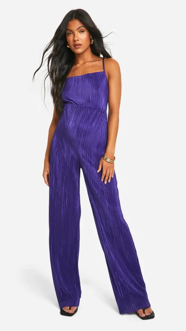 Purple Maternity Cowl Neck Plisse Wide Leg Jumpsuit