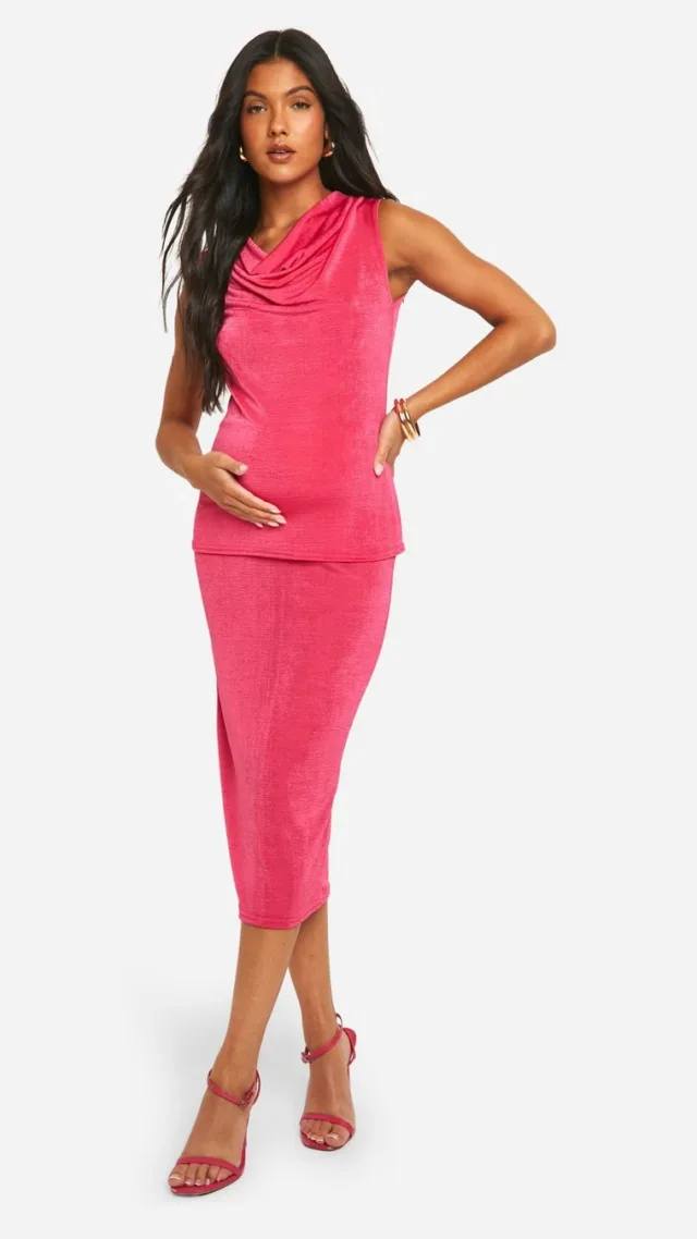 Raspberry Maternity Acetate Slinky Midi Bodycon Skirt