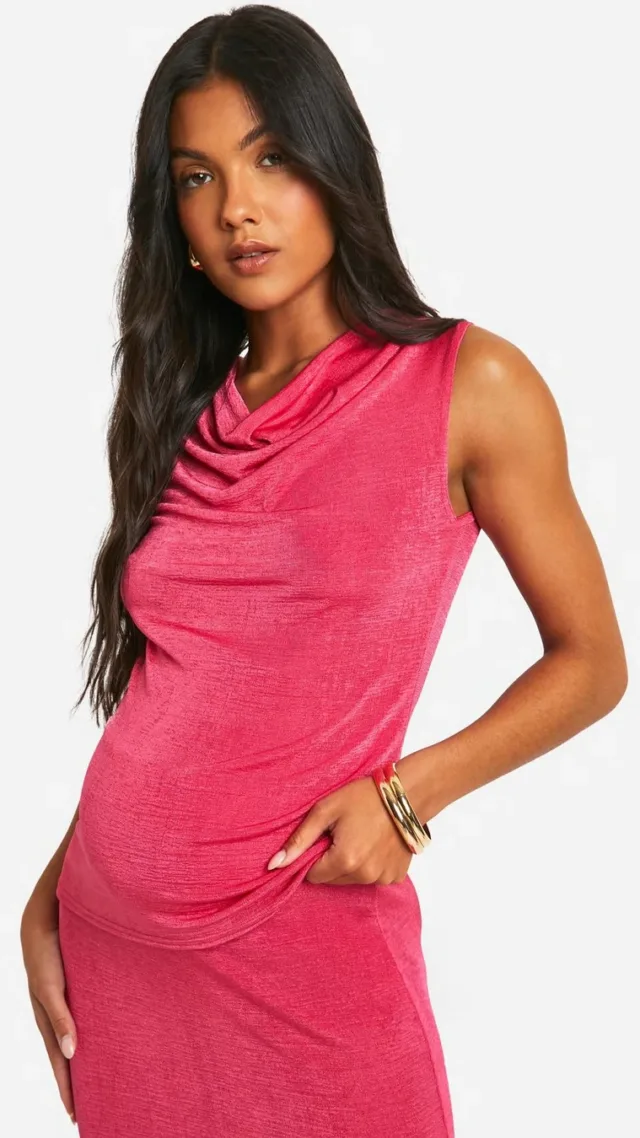 Raspberry Maternity Slinky Cowl Neck Sleeveless Top