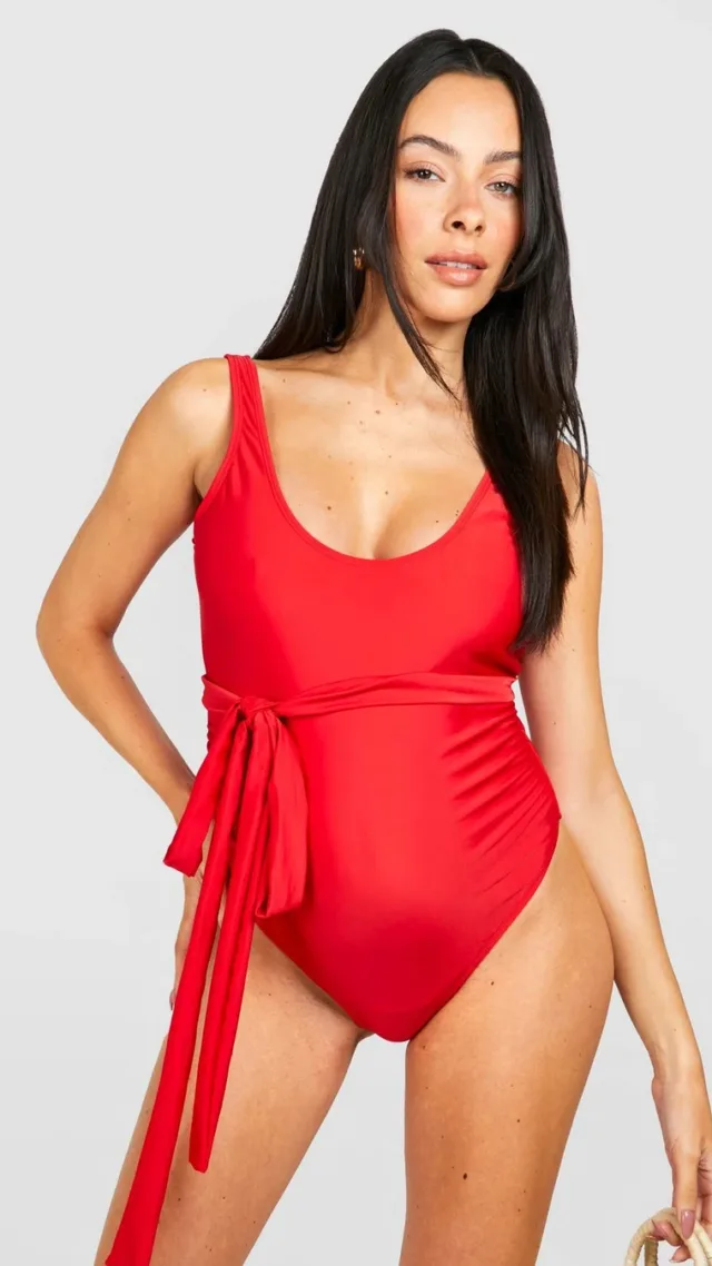 Red Maternity Belted Scoop Swimsuit