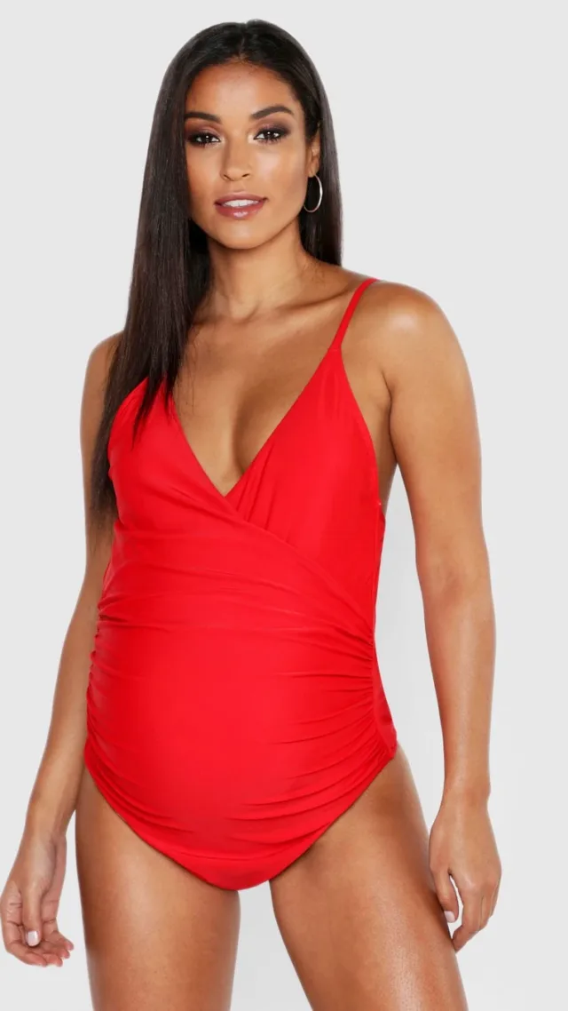 Red Maternity Bump Control Wrap Over Swimsuit