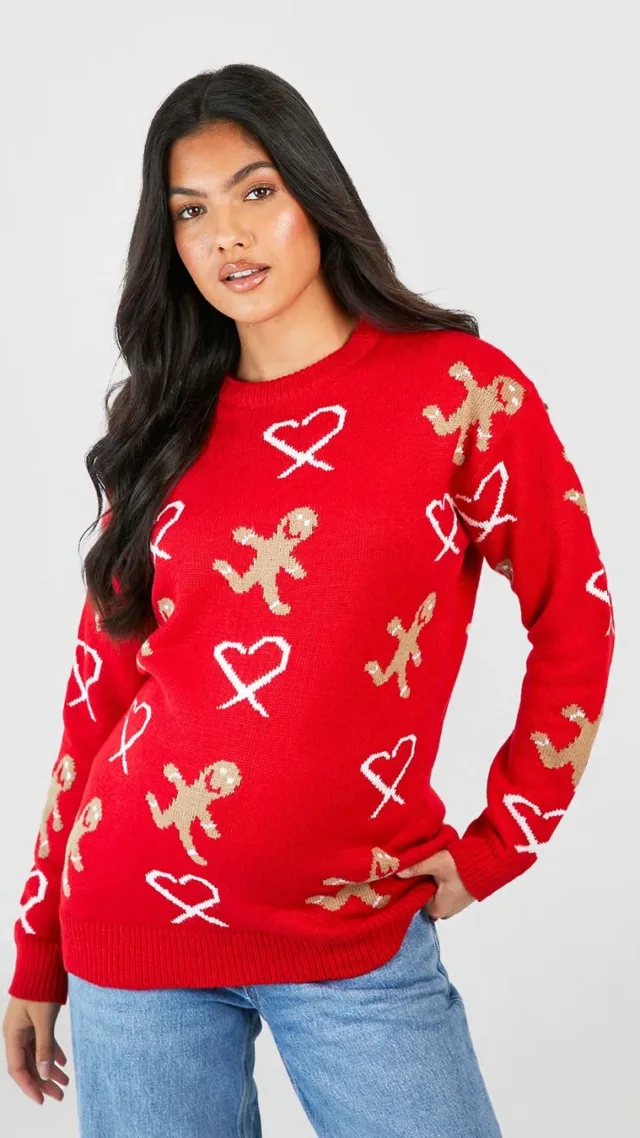 Red Maternity Candy Gingerbread Christmas Sweater