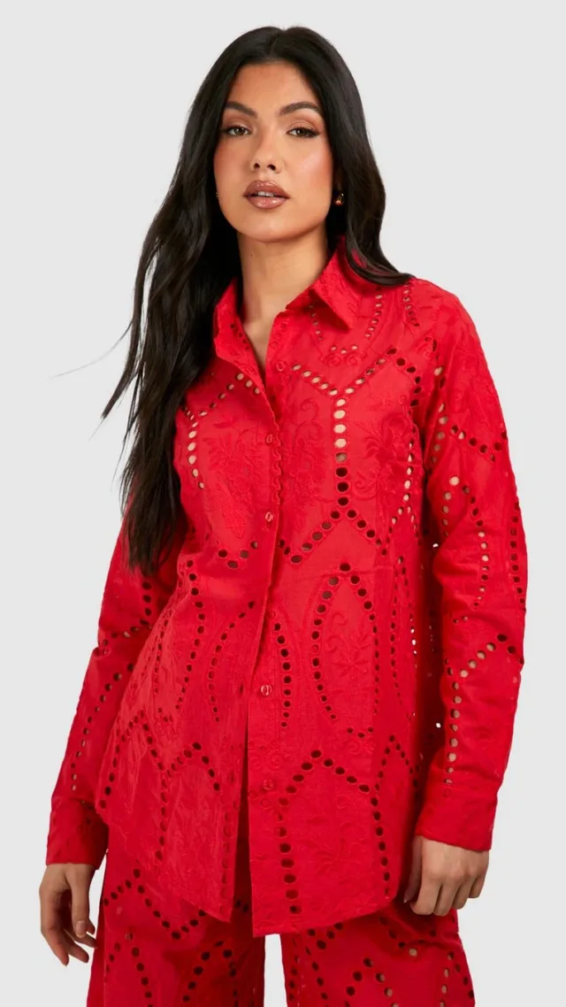 Red Maternity Eyelet Oversized Shirt