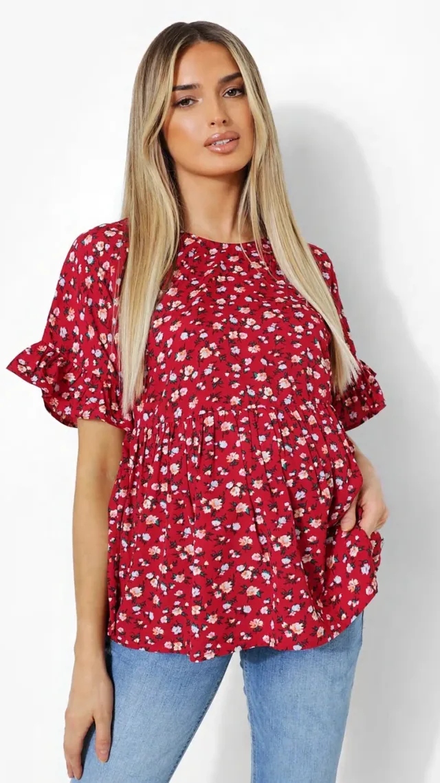 Red Maternity Floral Cross Back Woven Smock Top