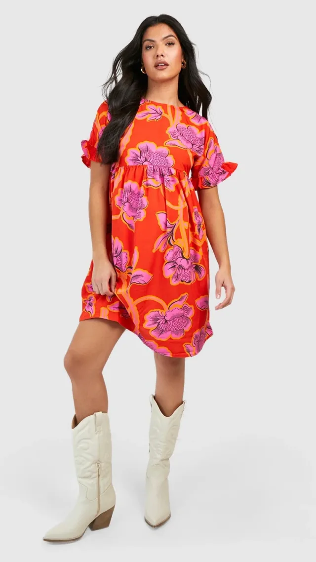 Red Maternity Floral Frill Sleeve Cross Back Smock Dress