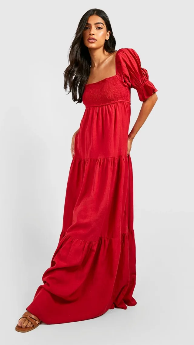 Red Maternity Linen Shirred Tiered Midi Dress