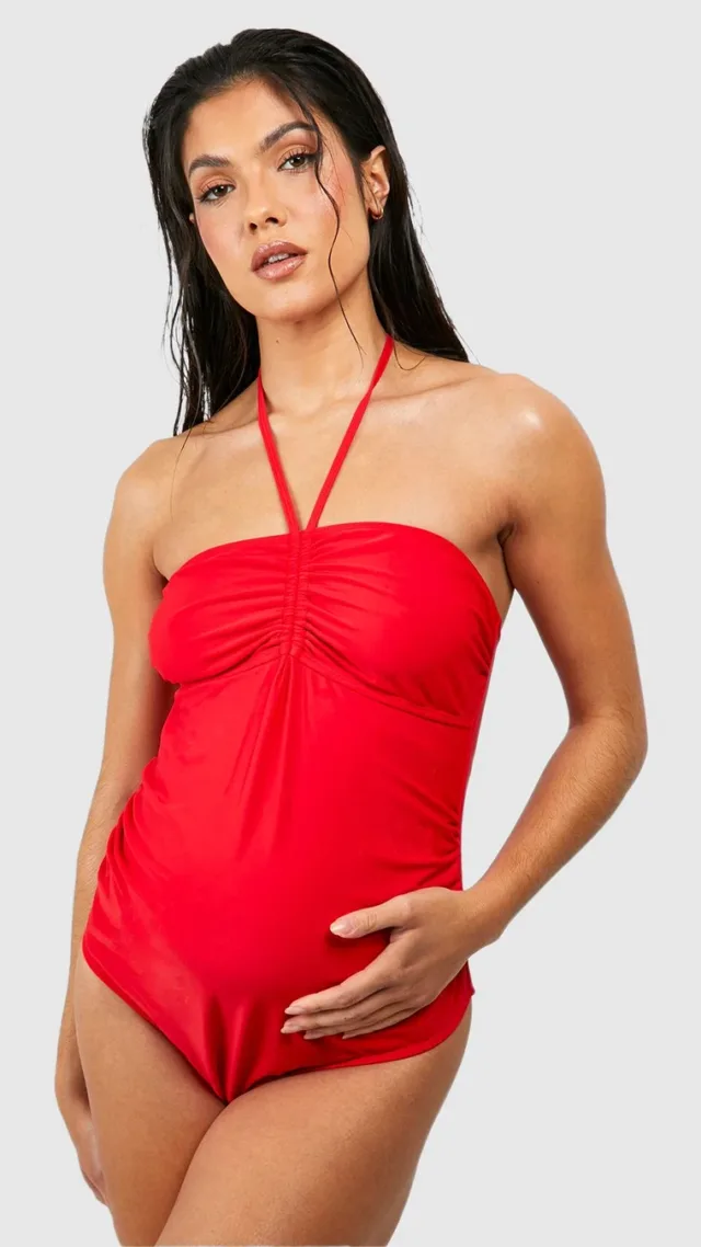 Red Maternity Ruched Bandeau Tie Swimsuit