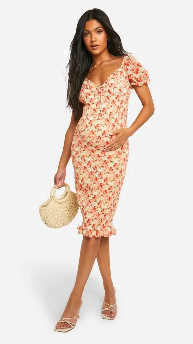 Red Maternity Shirred Floral Milkmaid Midi Dress