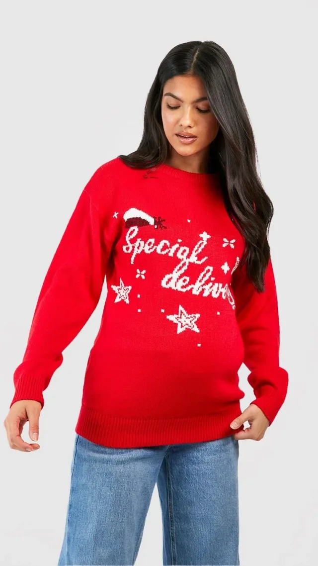 Red Maternity Special Delivery Christmas Sweater