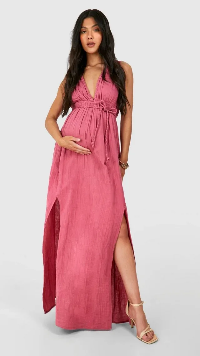 Rose Maternity Belted Cheesecloth Maxi Dress