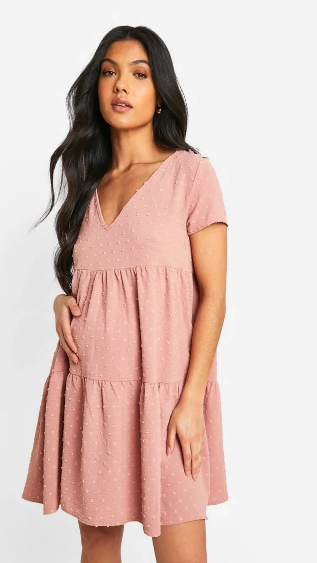 Rose Maternity Dobby Short Sleeve Tiered Smock Dress