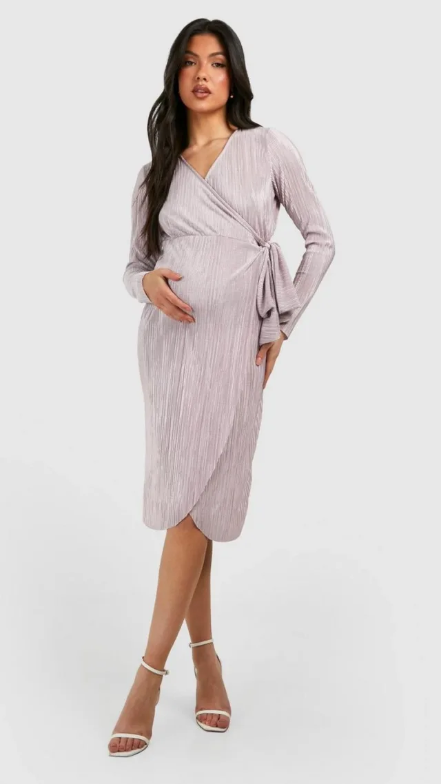 Rose Maternity Plisse Wrap Belted Midi Dress