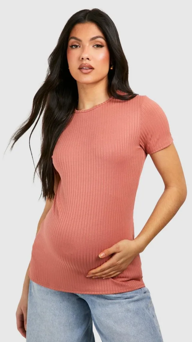 Rose Maternity Rib Crew Neck T-Shirt