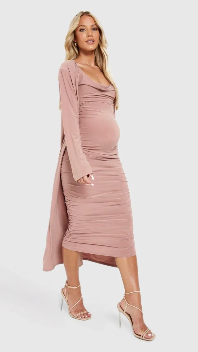 Rose Maternity Strappy Cowl Neck Dress And Duster Coat