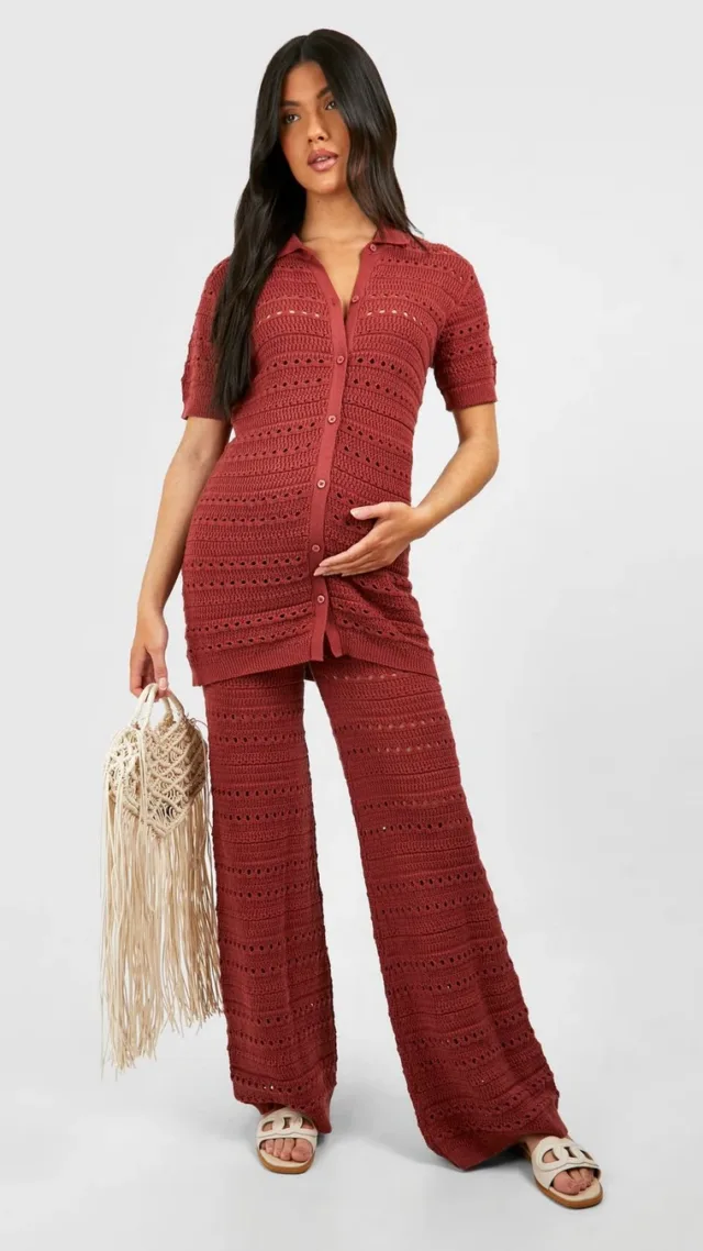 Rust Maternity Crochet Knitted Shirt And Wide Leg Pants Two-Piece