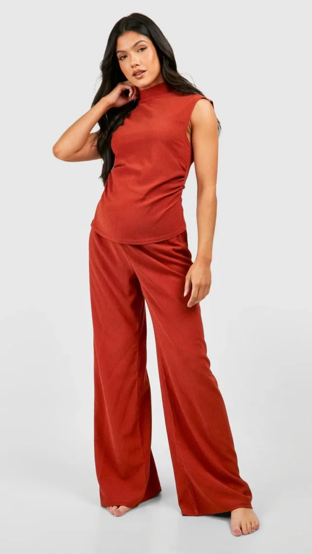 Rust Maternity Tree Bark Textured Wide Leg Set