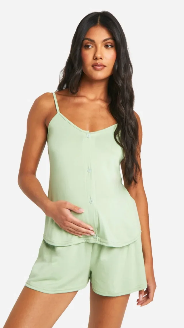 Sage Maternity Button Down Cami And Short Pajama Set