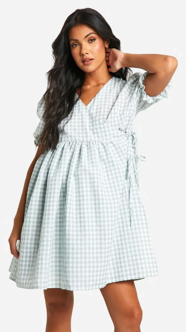 Sage Maternity Gingham Puff Sleeve Wrap Mini Smock Dress