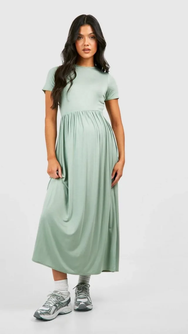 Sage Maternity Jersey Knit Smock Midi Dress