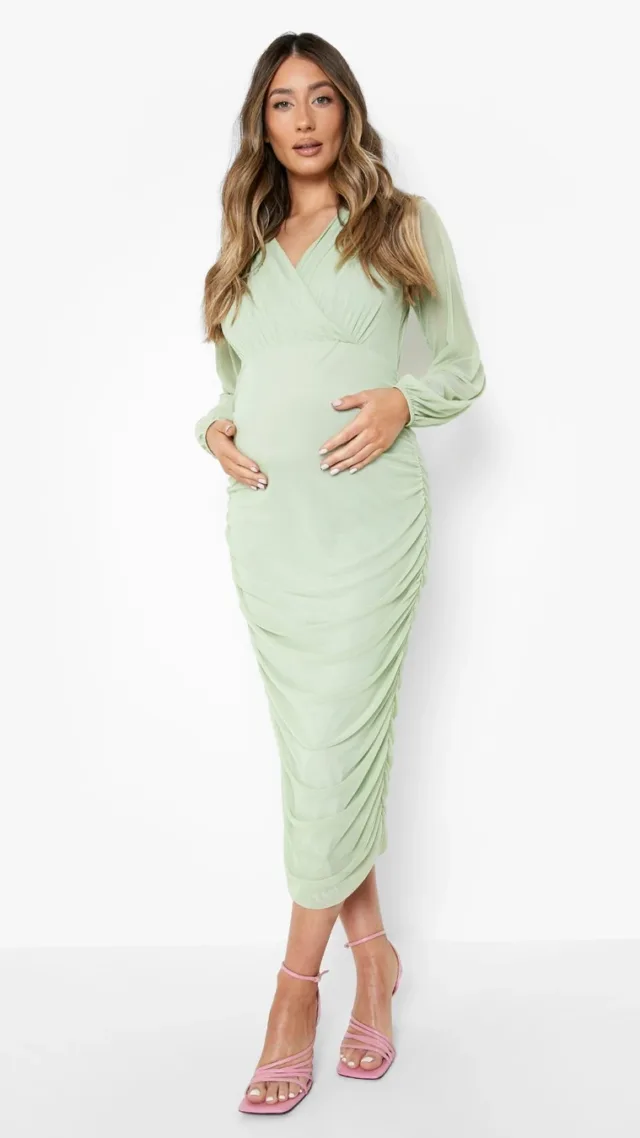 Sage Maternity Mesh Wrap Midi Dress