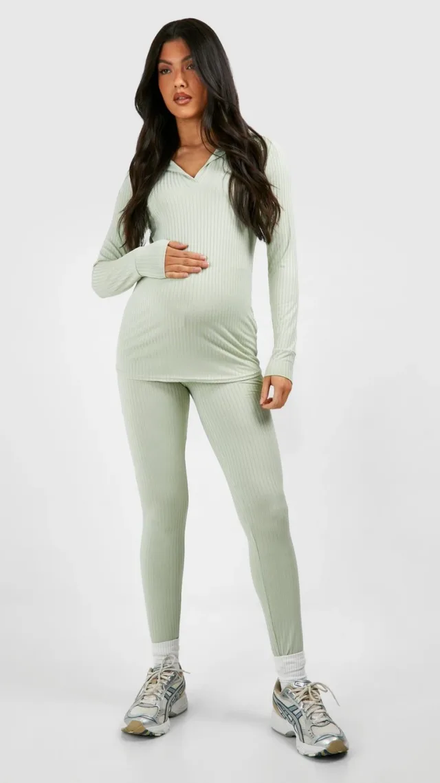 Sage Maternity Rib Collared T-Shirt And Legging Set