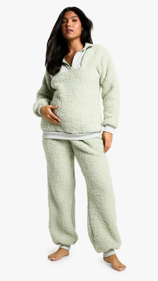 Sage Maternity Rib Fleece Half Zip And Jogger Lounge Set