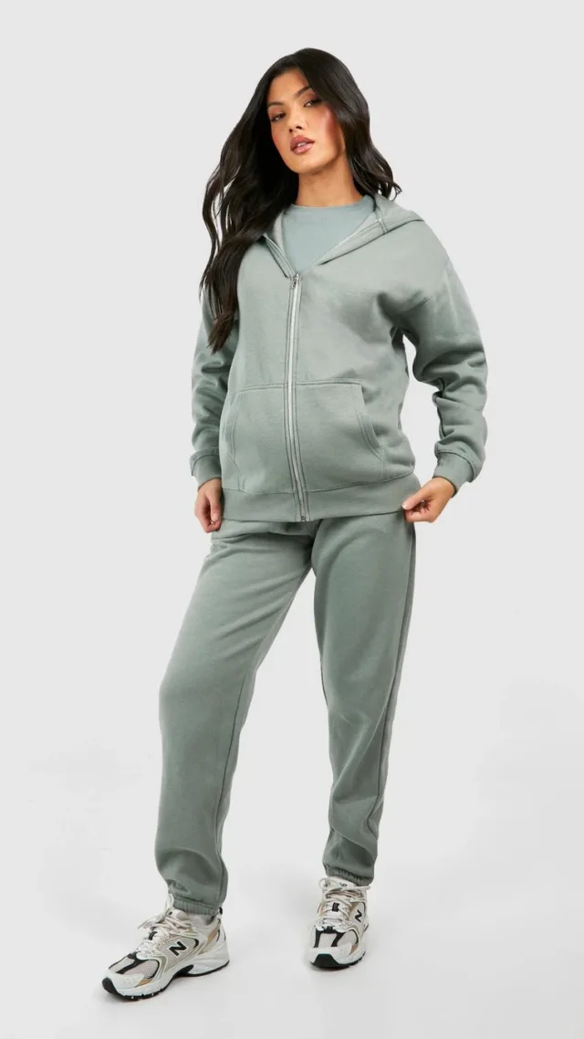 Sage Maternity Ribbed Fitted T-Shirt 3 Piece Hooded Tracksuit