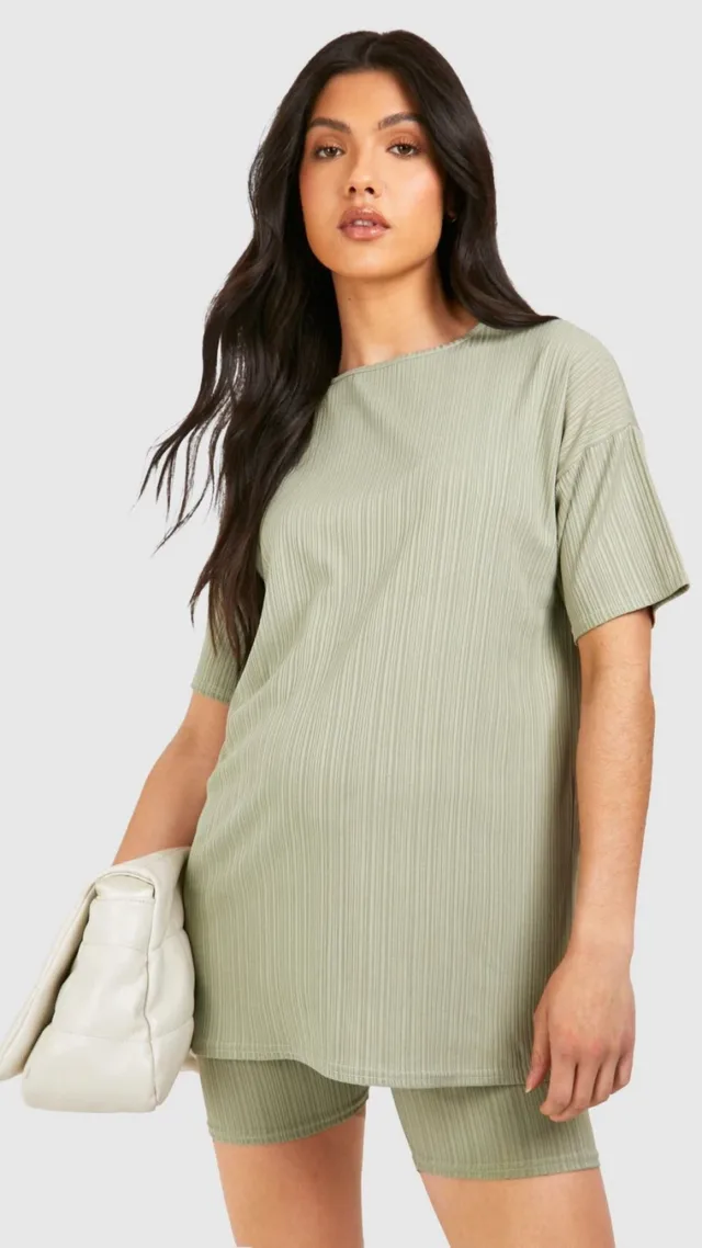 Sage Maternity Ribbed Oversized T-Shirt And Biker Short Set