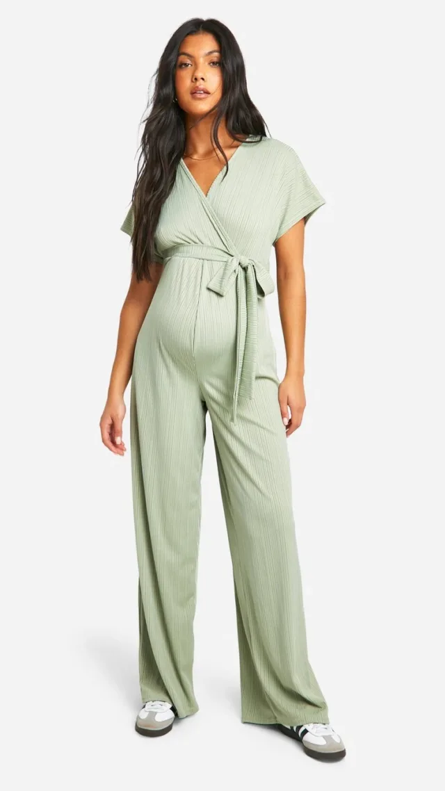 Sage Maternity Ribbed Wrap Wide Leg Belted Jumpsuit