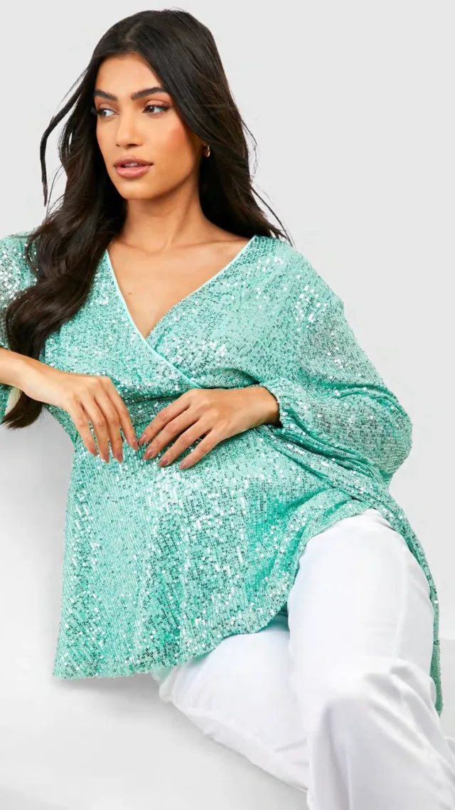 Sage Maternity Sequin Wrap Smock Top