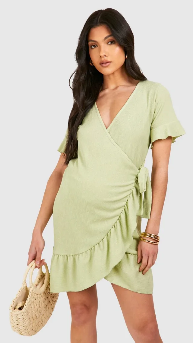 Sage Maternity Textured Wrap Frill Mini Dress