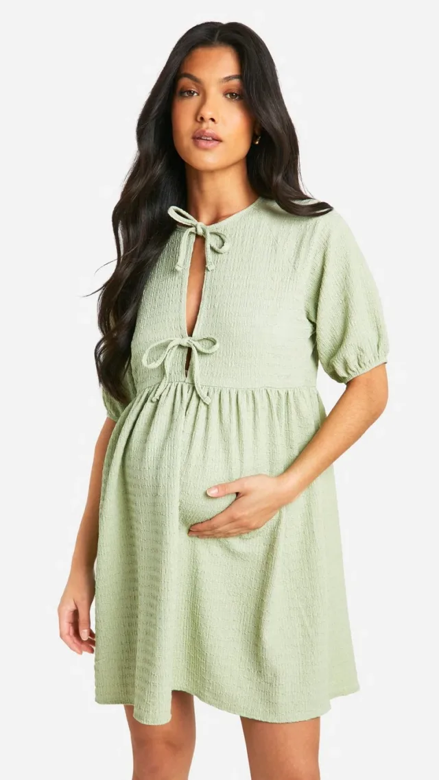 Sage Maternity Tie Front Short Sleeve Smock Dress